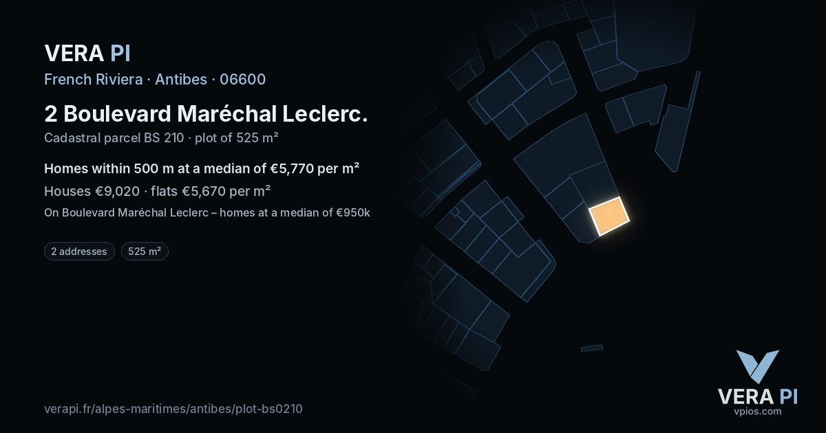2 Boulevard Maréchal Leclerc, Antibes at night – the plot lit, the parcels around coloured by the prices near them