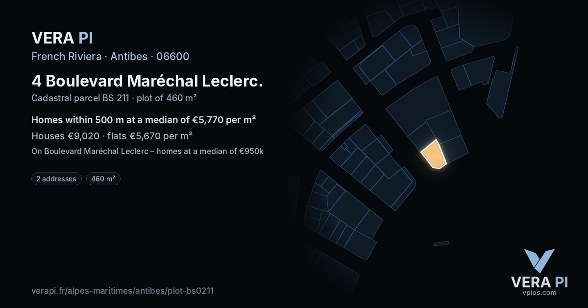 4 Boulevard Maréchal Leclerc, Antibes at night – the plot lit, the parcels around coloured by the prices near them