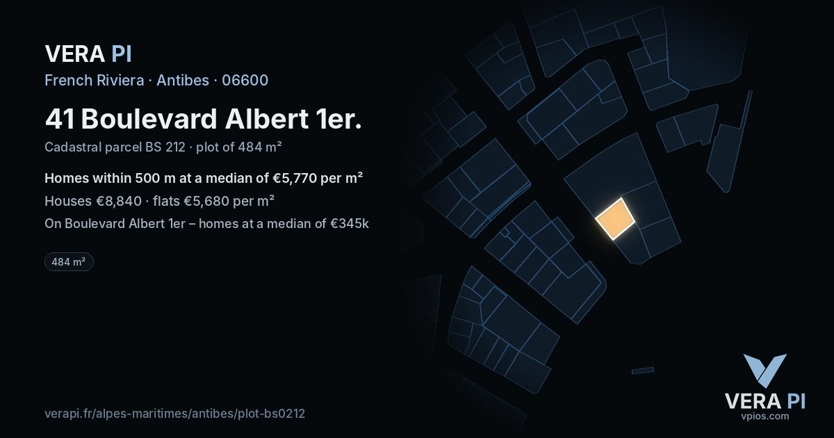 41 Boulevard Albert 1er, Antibes at night – the plot lit, the parcels around coloured by the prices near them