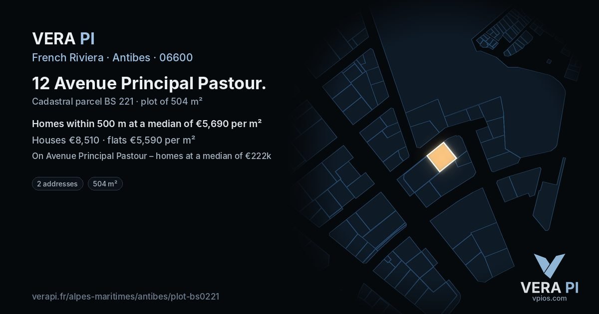 12 Avenue Principal Pastour, Antibes at night – the plot lit, the parcels around coloured by the prices near them