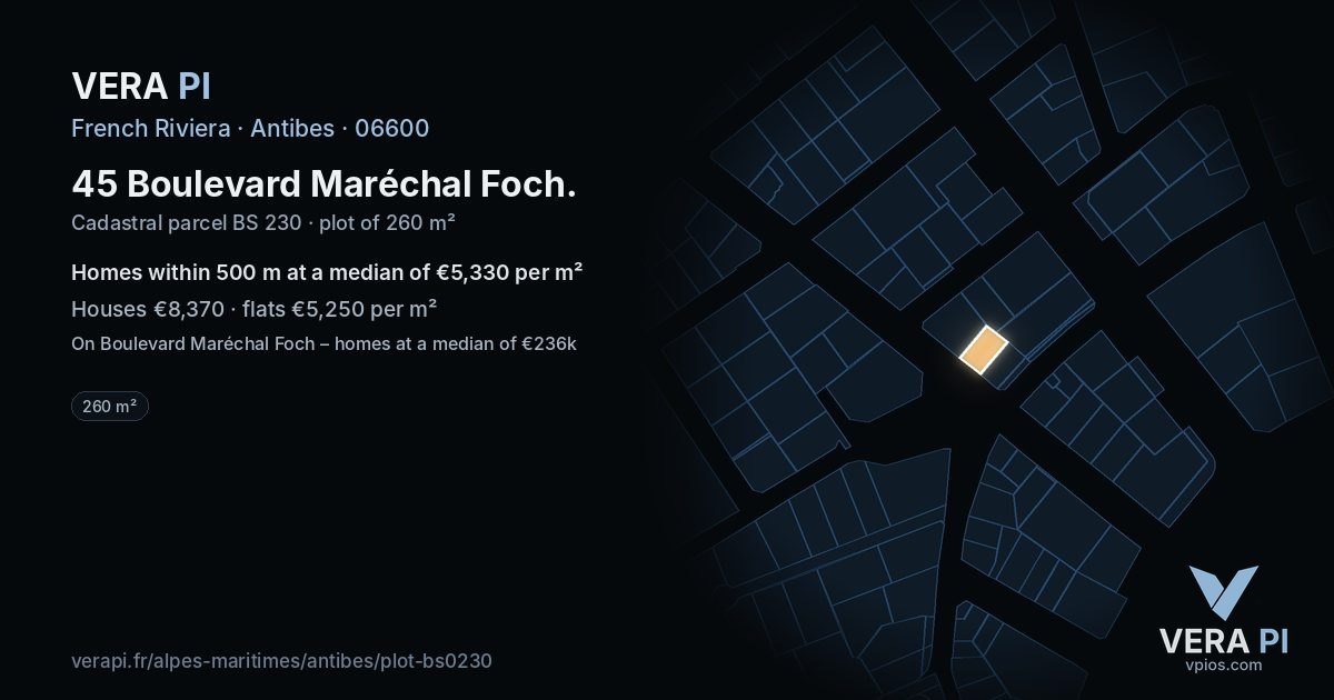 45 Boulevard Maréchal Foch, Antibes at night – the plot lit, the parcels around coloured by the prices near them