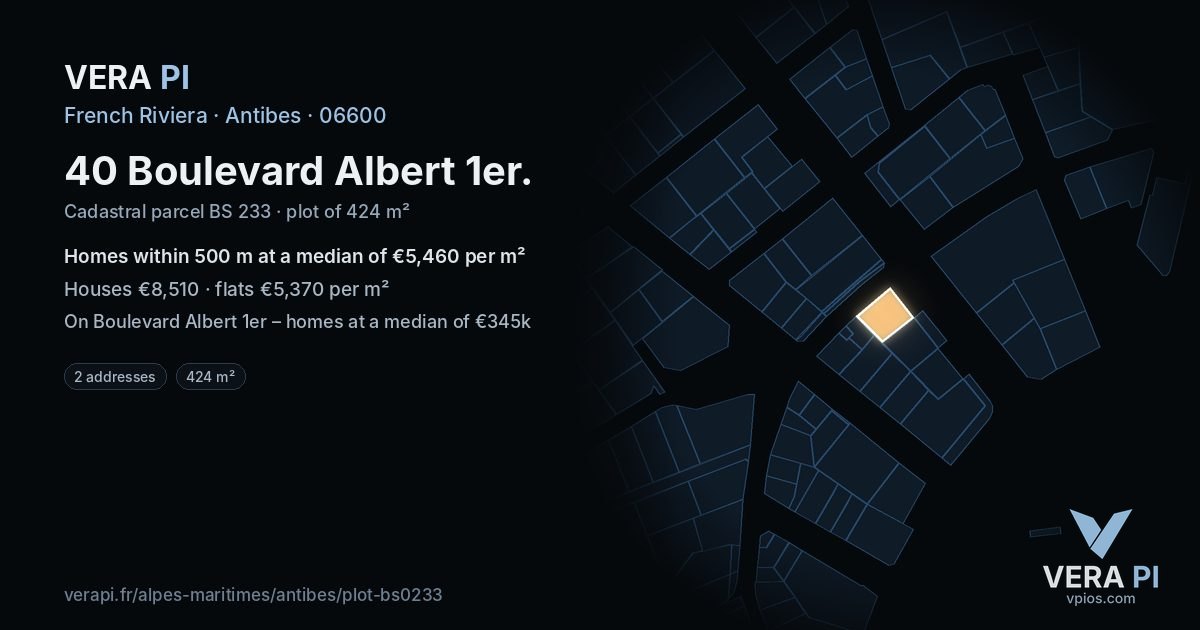 40 Boulevard Albert 1er, Antibes at night – the plot lit, the parcels around coloured by the prices near them