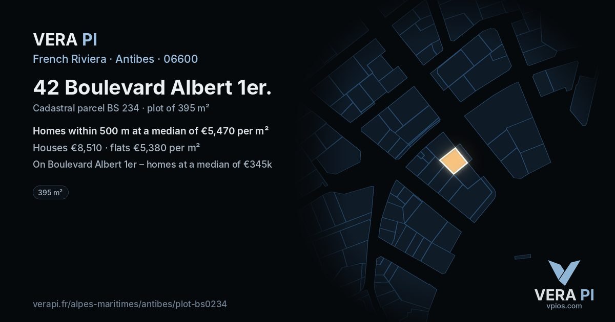 42 Boulevard Albert 1er, Antibes at night – the plot lit, the parcels around coloured by the prices near them