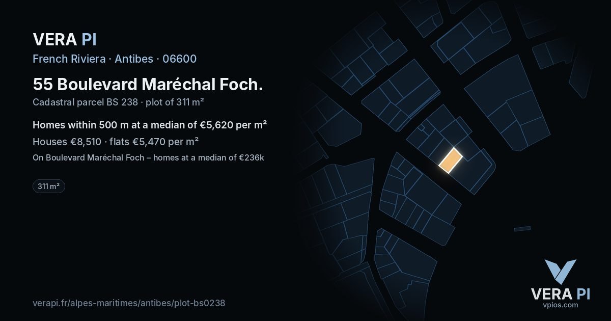 55 Boulevard Maréchal Foch, Antibes at night – the plot lit, the parcels around coloured by the prices near them