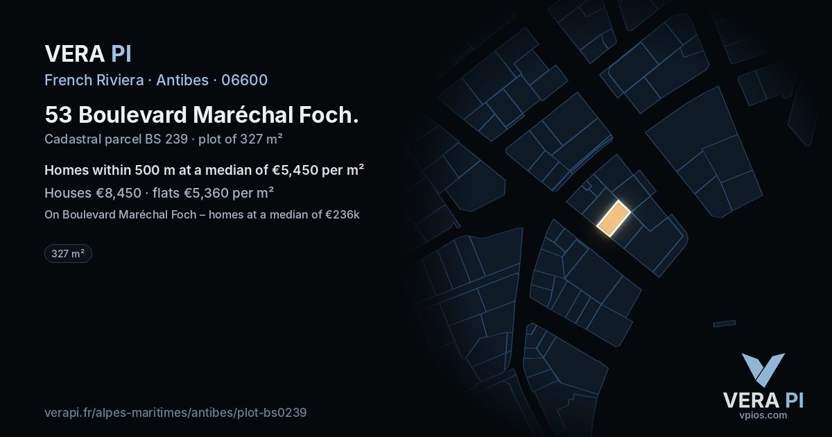 53 Boulevard Maréchal Foch, Antibes at night – the plot lit, the parcels around coloured by the prices near them