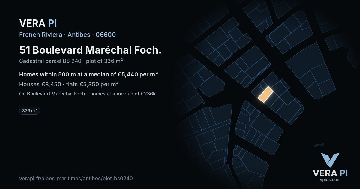 51 Boulevard Maréchal Foch, Antibes at night – the plot lit, the parcels around coloured by the prices near them