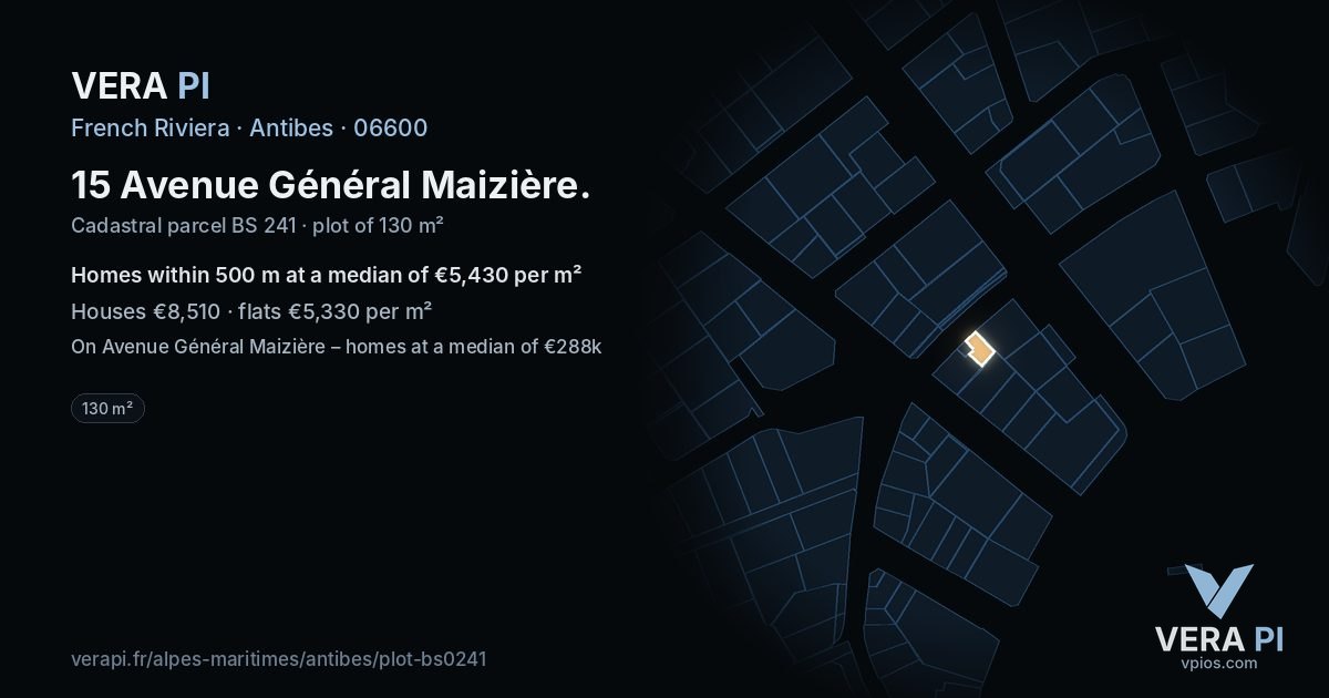 15 Avenue Général Maizière, Antibes at night – the plot lit, the parcels around coloured by the prices near them