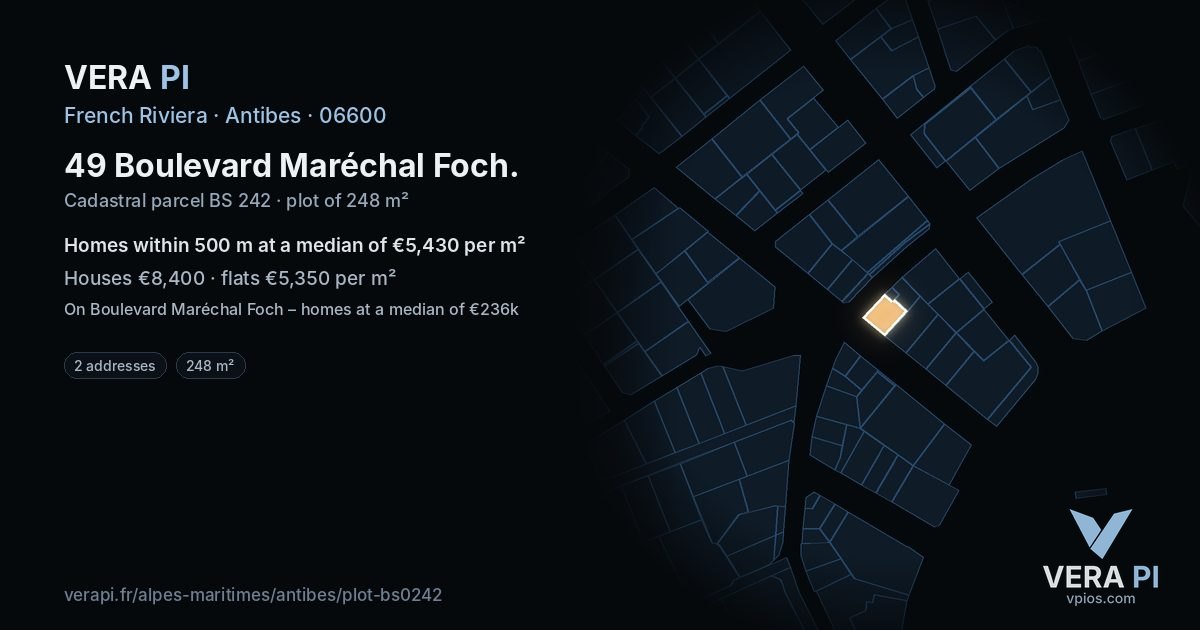 49 Boulevard Maréchal Foch, Antibes at night – the plot lit, the parcels around coloured by the prices near them