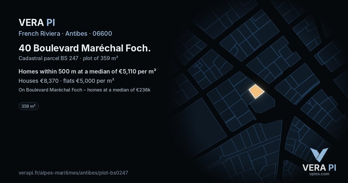 40 Boulevard Maréchal Foch, Antibes at night – the plot lit, the parcels around coloured by the prices near them