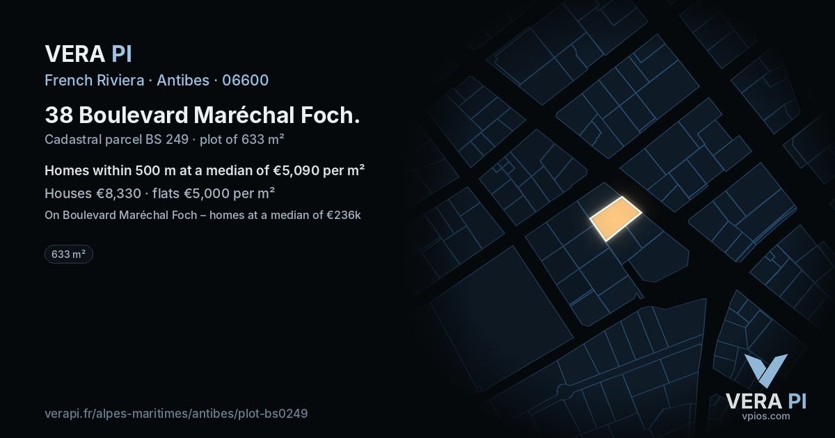 38 Boulevard Maréchal Foch, Antibes at night – the plot lit, the parcels around coloured by the prices near them