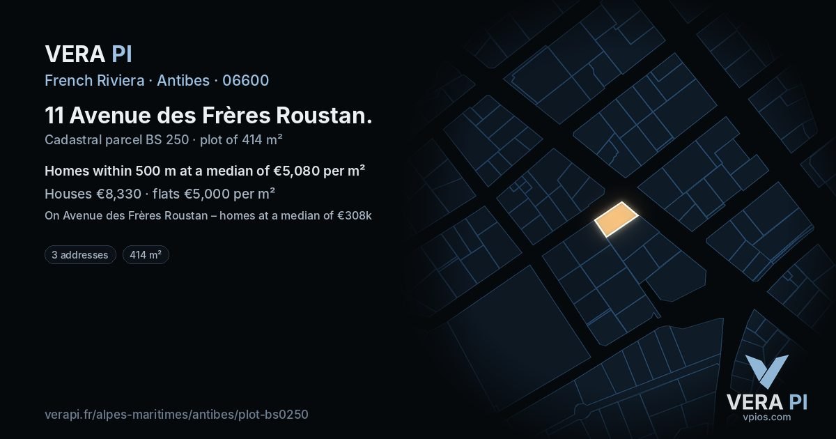 11 Avenue des Frères Roustan, Antibes at night – the plot lit, the parcels around coloured by the prices near them