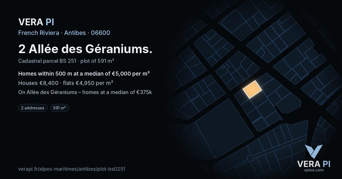 2 Allée des Géraniums, Antibes at night – the plot lit, the parcels around coloured by the prices near them
