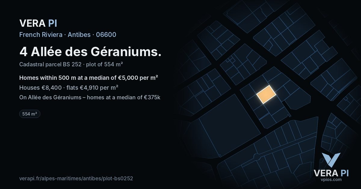 4 Allée des Géraniums, Antibes at night – the plot lit, the parcels around coloured by the prices near them