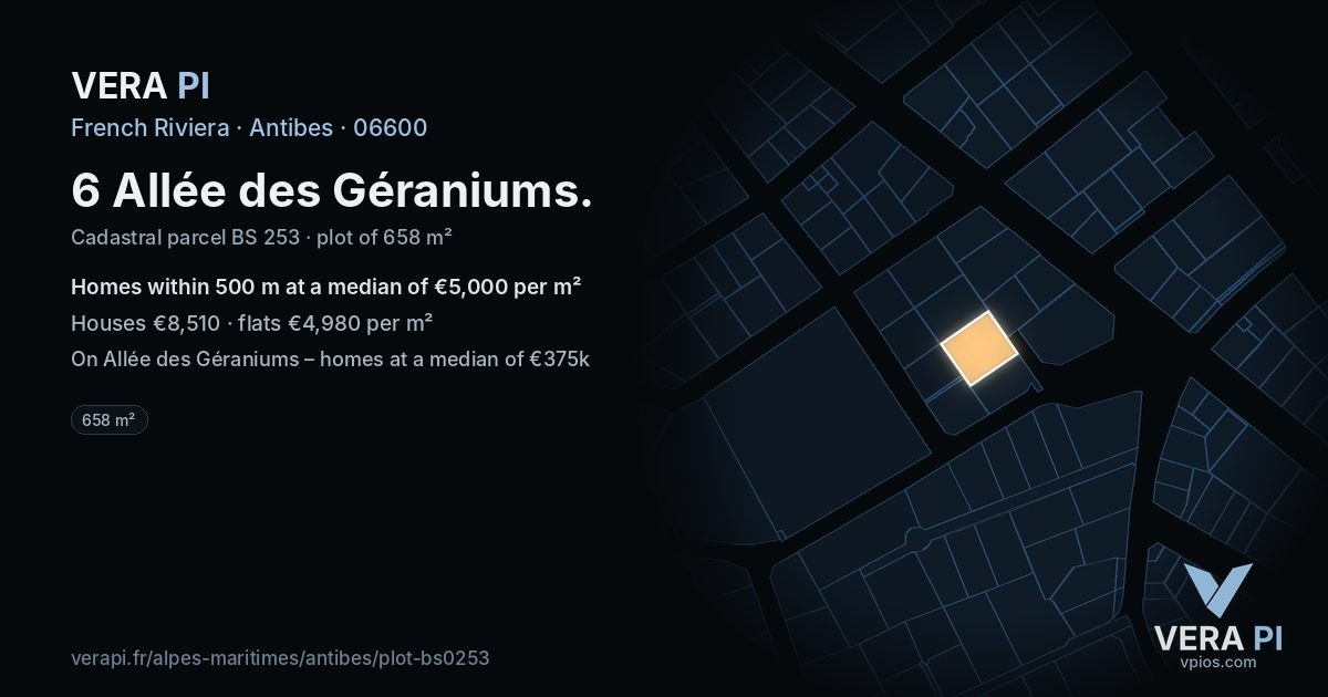 6 Allée des Géraniums, Antibes at night – the plot lit, the parcels around coloured by the prices near them