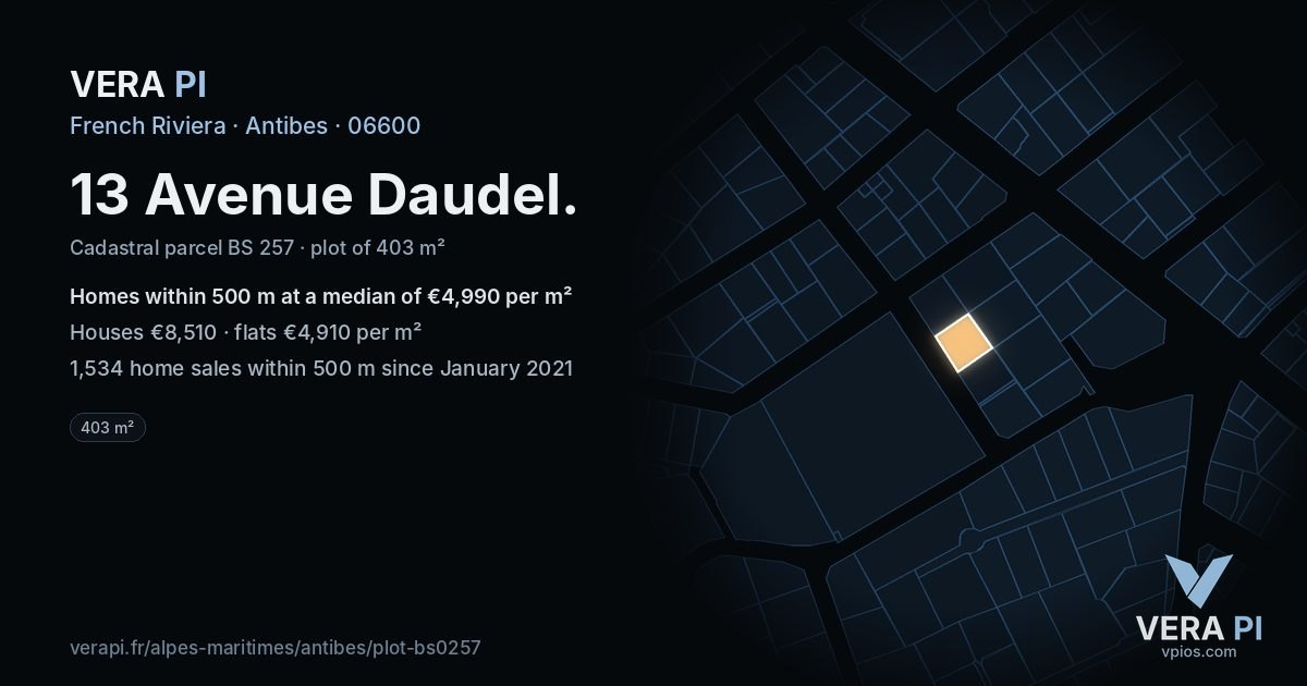 13 Avenue Daudel, Antibes at night – the plot lit, the parcels around coloured by the prices near them