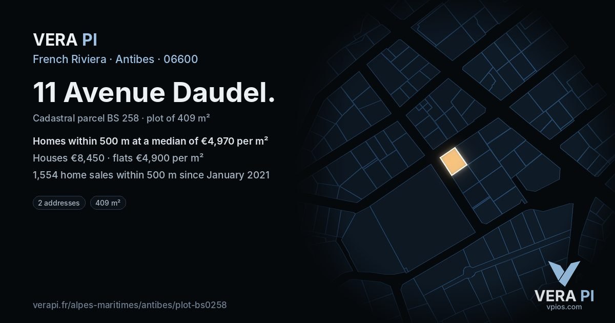 11 Avenue Daudel, Antibes at night – the plot lit, the parcels around coloured by the prices near them
