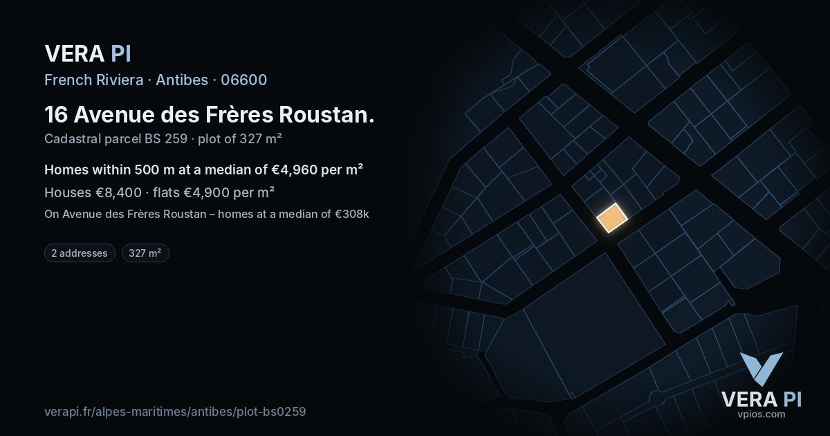 16 Avenue des Frères Roustan, Antibes at night – the plot lit, the parcels around coloured by the prices near them