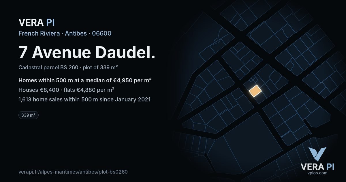 7 Avenue Daudel, Antibes at night – the plot lit, the parcels around coloured by the prices near them