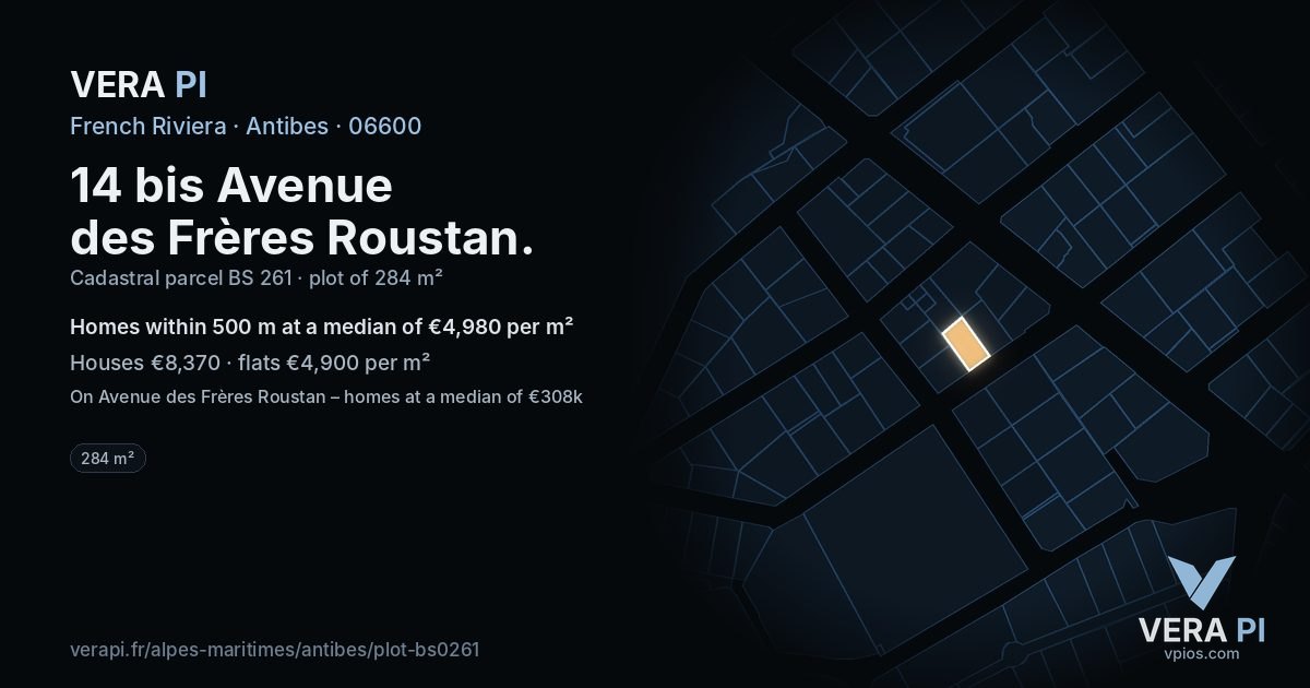 14 bis Avenue des Frères Roustan, Antibes at night – the plot lit, the parcels around coloured by the prices near them