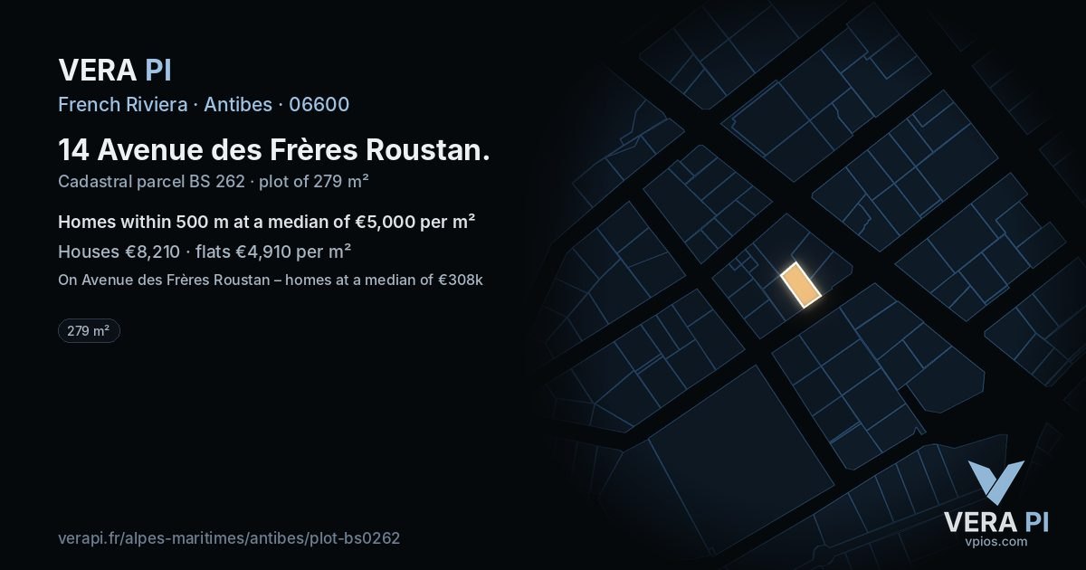 14 Avenue des Frères Roustan, Antibes at night – the plot lit, the parcels around coloured by the prices near them