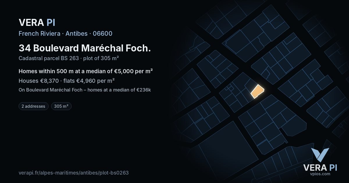 34 Boulevard Maréchal Foch, Antibes at night – the plot lit, the parcels around coloured by the prices near them