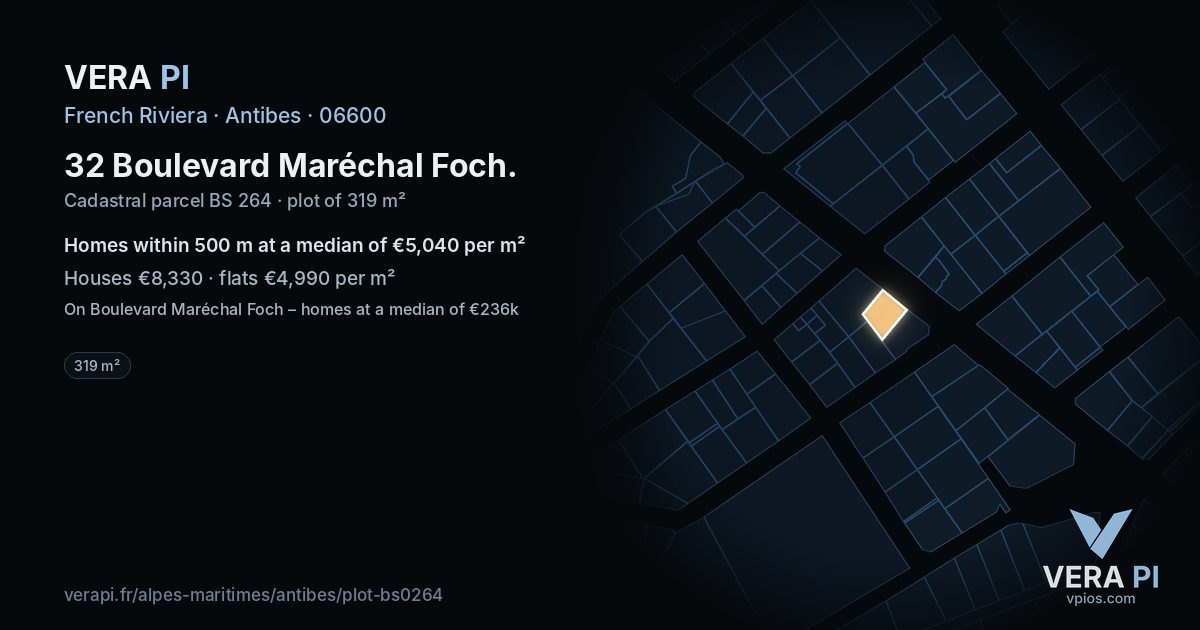 32 Boulevard Maréchal Foch, Antibes at night – the plot lit, the parcels around coloured by the prices near them