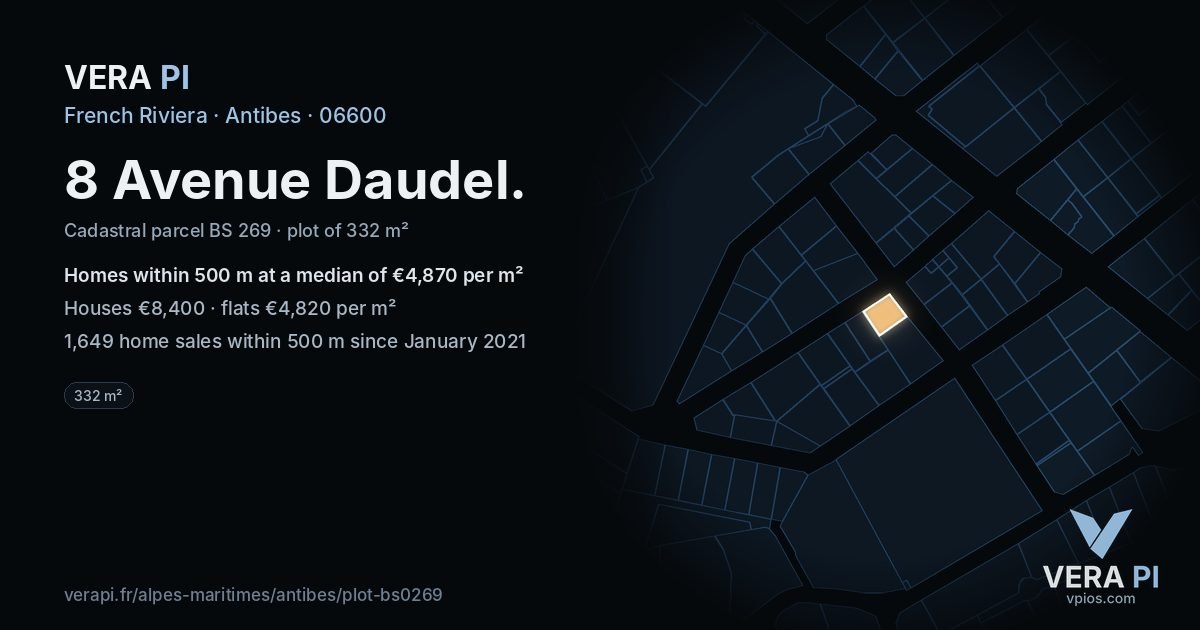 8 Avenue Daudel, Antibes at night – the plot lit, the parcels around coloured by the prices near them