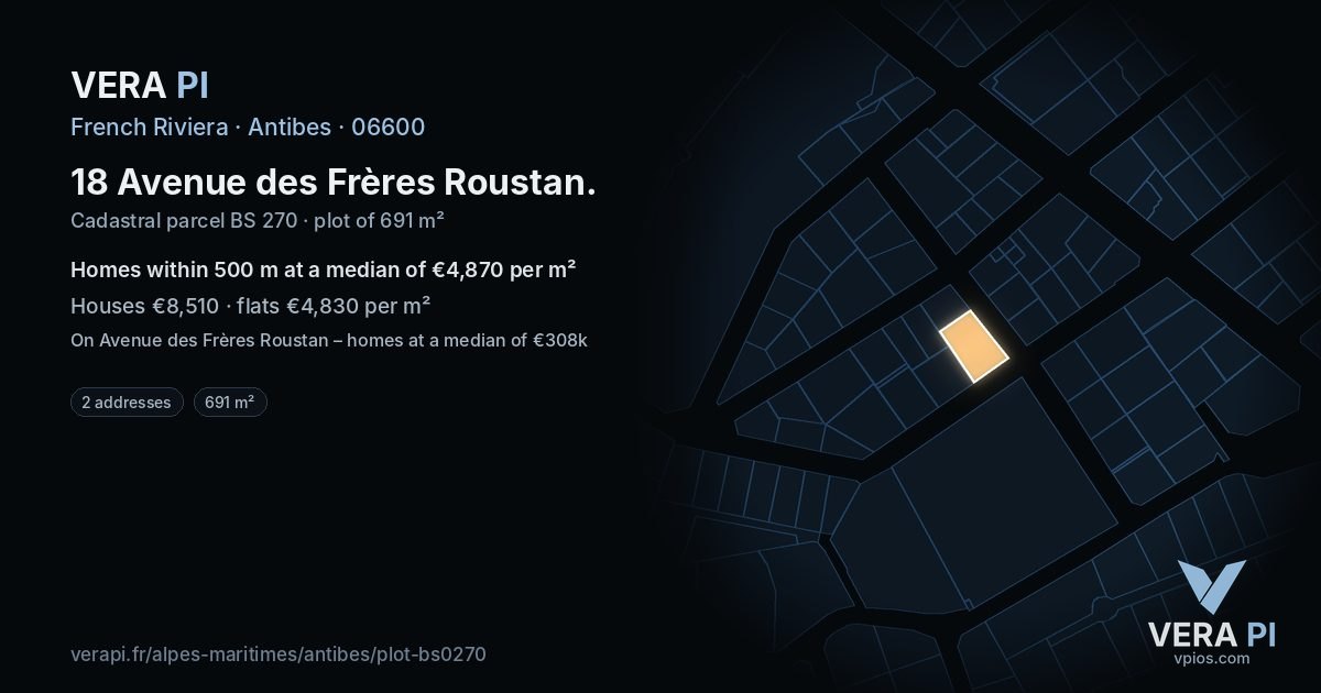 18 Avenue des Frères Roustan, Antibes at night – the plot lit, the parcels around coloured by the prices near them