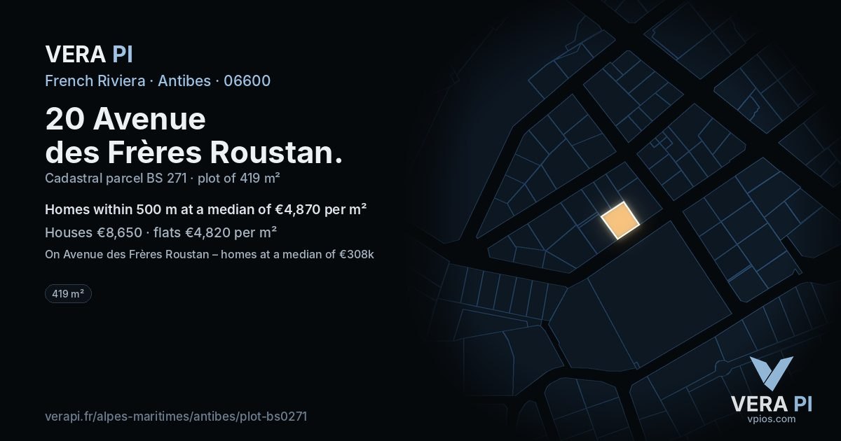 20 Avenue des Frères Roustan, Antibes at night – the plot lit, the parcels around coloured by the prices near them