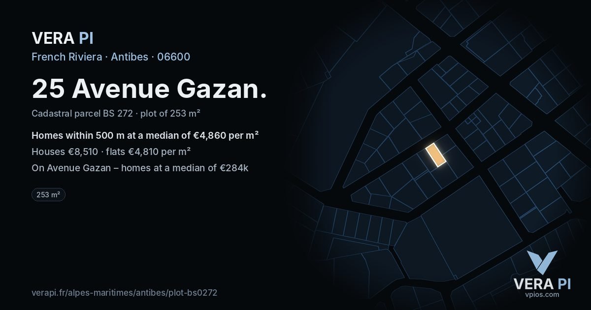 25 Avenue Gazan, Antibes at night – the plot lit, the parcels around coloured by the prices near them