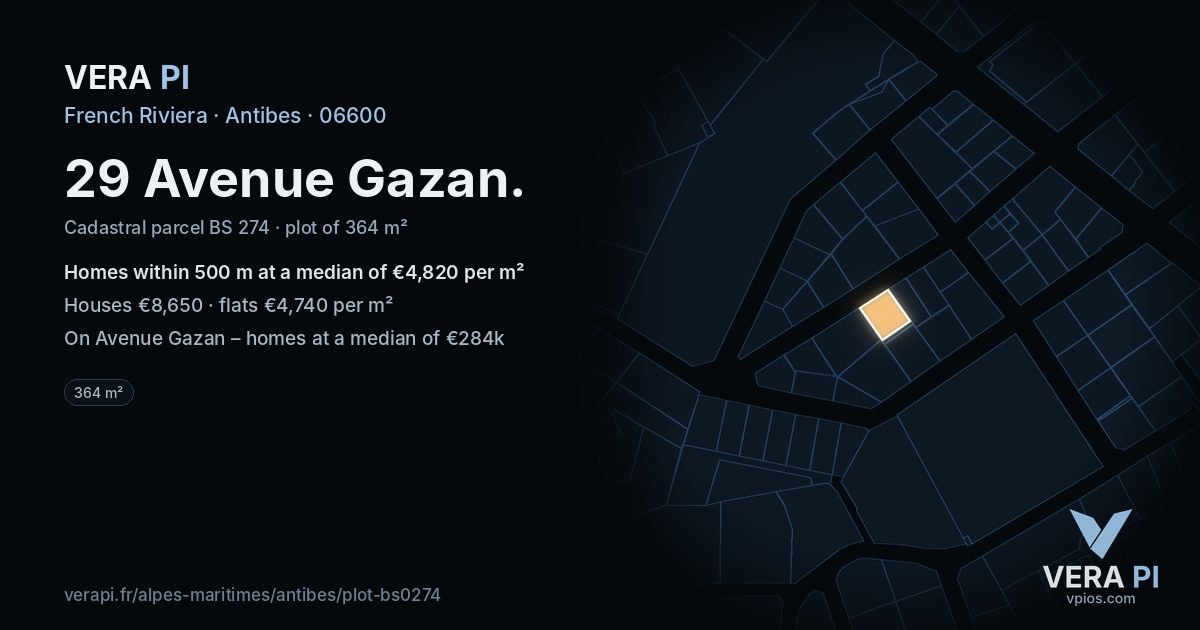 29 Avenue Gazan, Antibes at night – the plot lit, the parcels around coloured by the prices near them