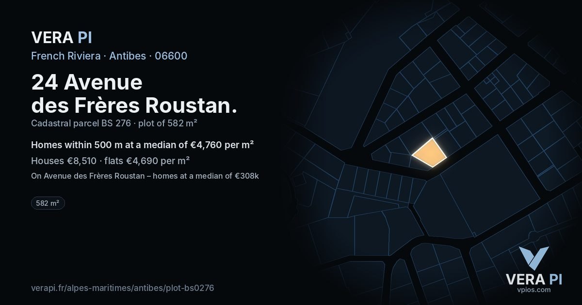 24 Avenue des Frères Roustan, Antibes at night – the plot lit, the parcels around coloured by the prices near them