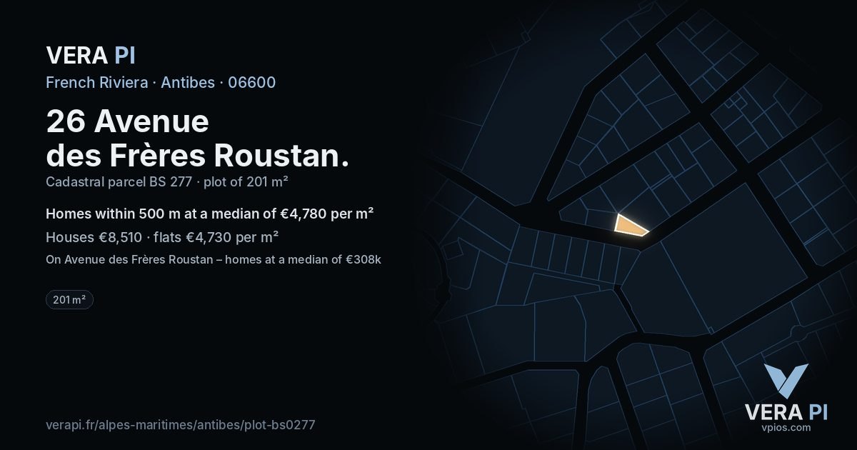 26 Avenue des Frères Roustan, Antibes at night – the plot lit, the parcels around coloured by the prices near them