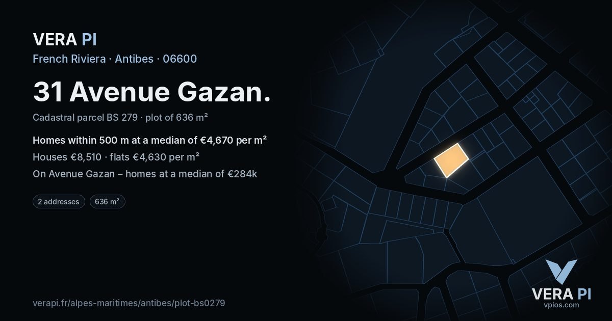 31 Avenue Gazan, Antibes at night – the plot lit, the parcels around coloured by the prices near them