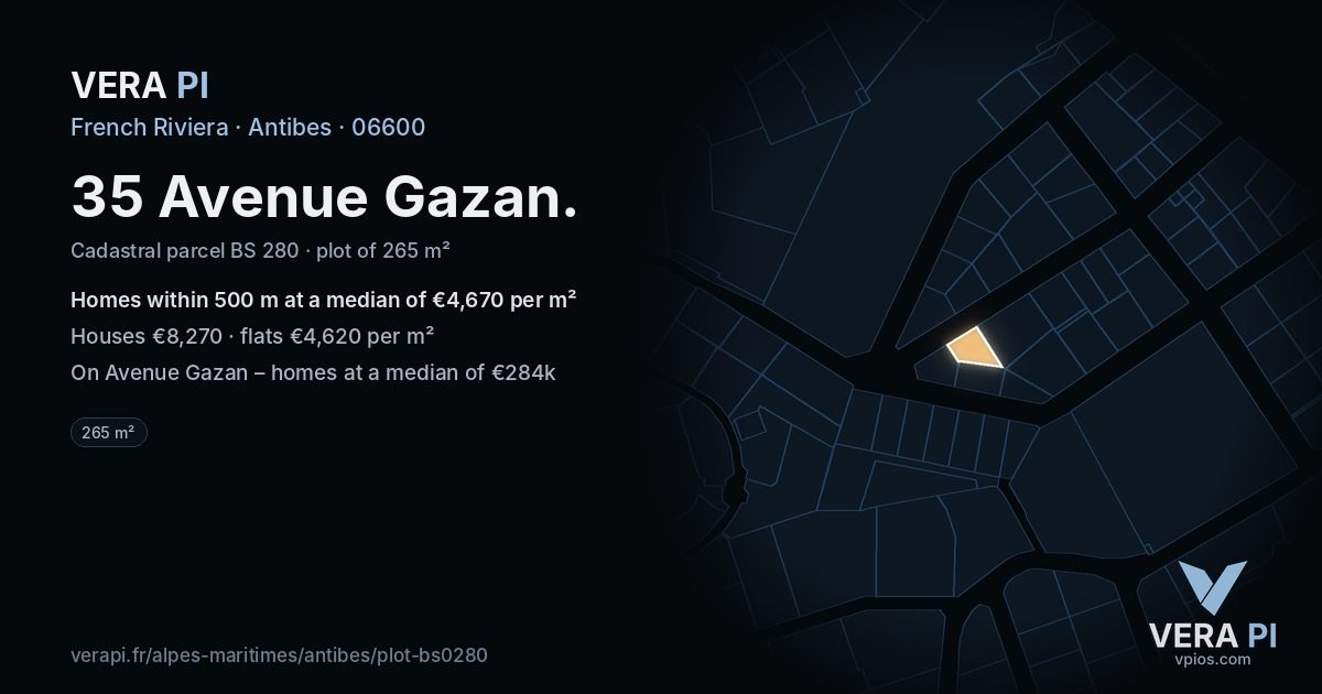 35 Avenue Gazan, Antibes at night – the plot lit, the parcels around coloured by the prices near them