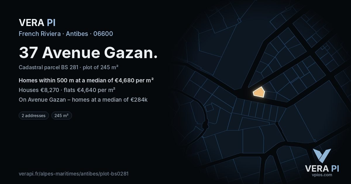 37 Avenue Gazan, Antibes at night – the plot lit, the parcels around coloured by the prices near them