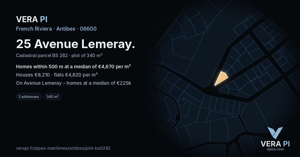 25 Avenue Lemeray, Antibes at night – the plot lit, the parcels around coloured by the prices near them