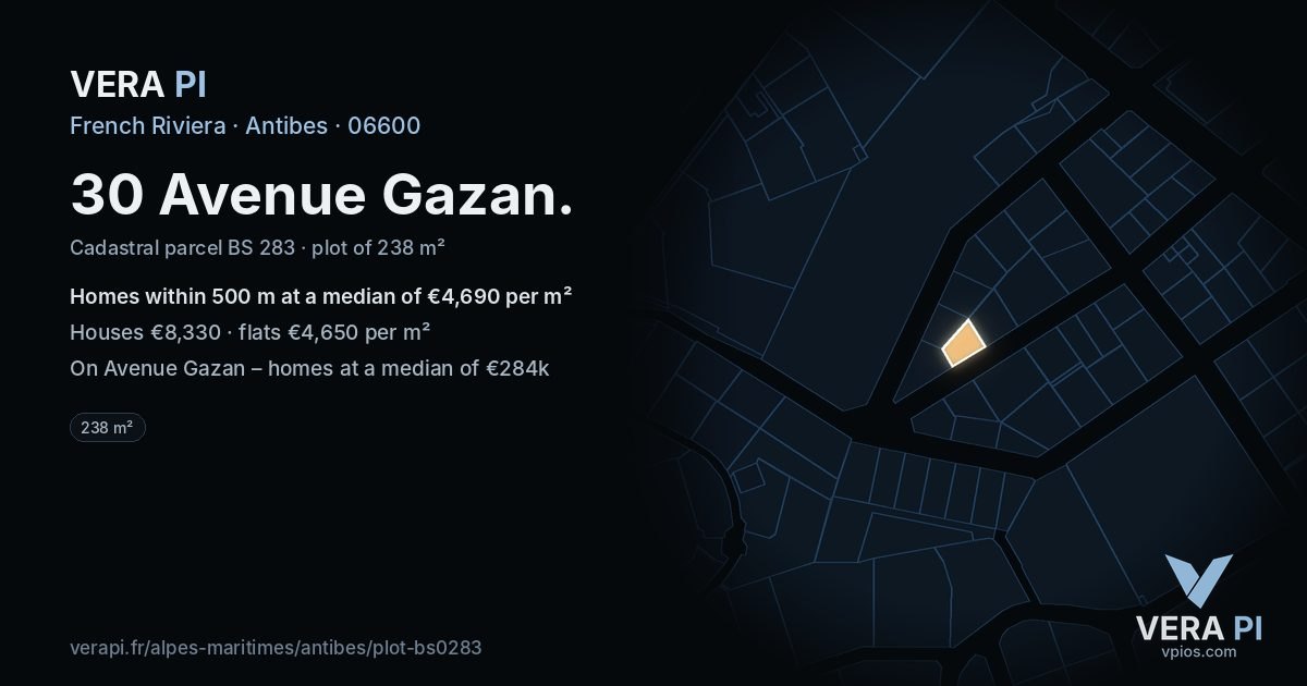30 Avenue Gazan, Antibes at night – the plot lit, the parcels around coloured by the prices near them