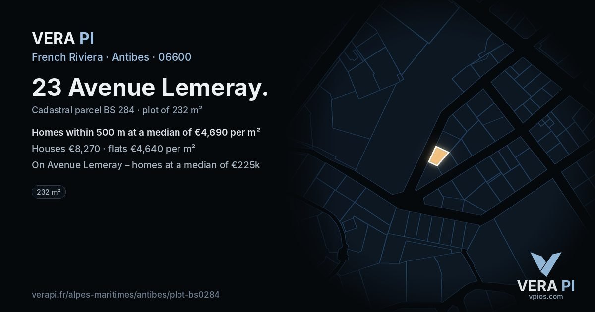 23 Avenue Lemeray, Antibes at night – the plot lit, the parcels around coloured by the prices near them