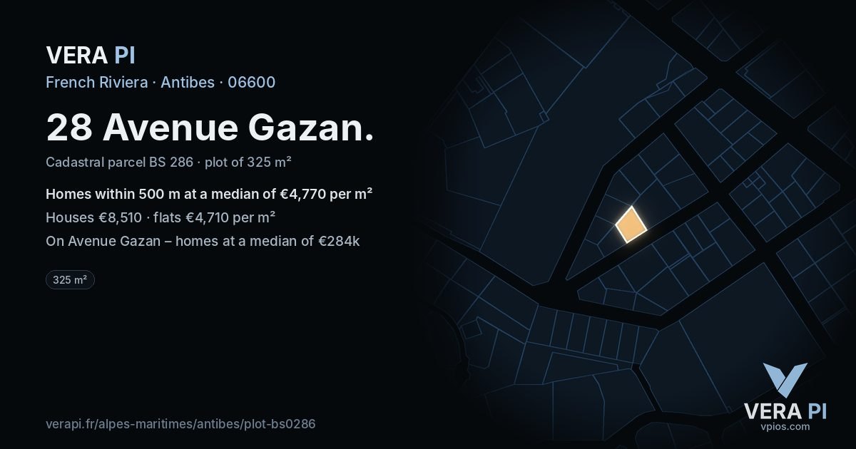 28 Avenue Gazan, Antibes at night – the plot lit, the parcels around coloured by the prices near them