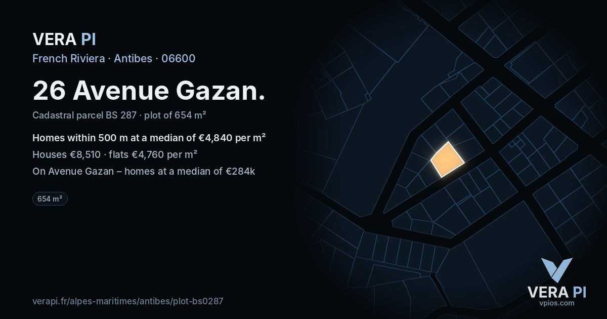26 Avenue Gazan, Antibes at night – the plot lit, the parcels around coloured by the prices near them