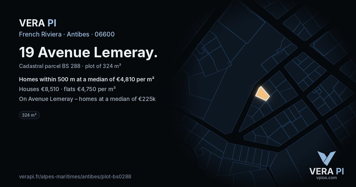 19 Avenue Lemeray, Antibes at night – the plot lit, the parcels around coloured by the prices near them