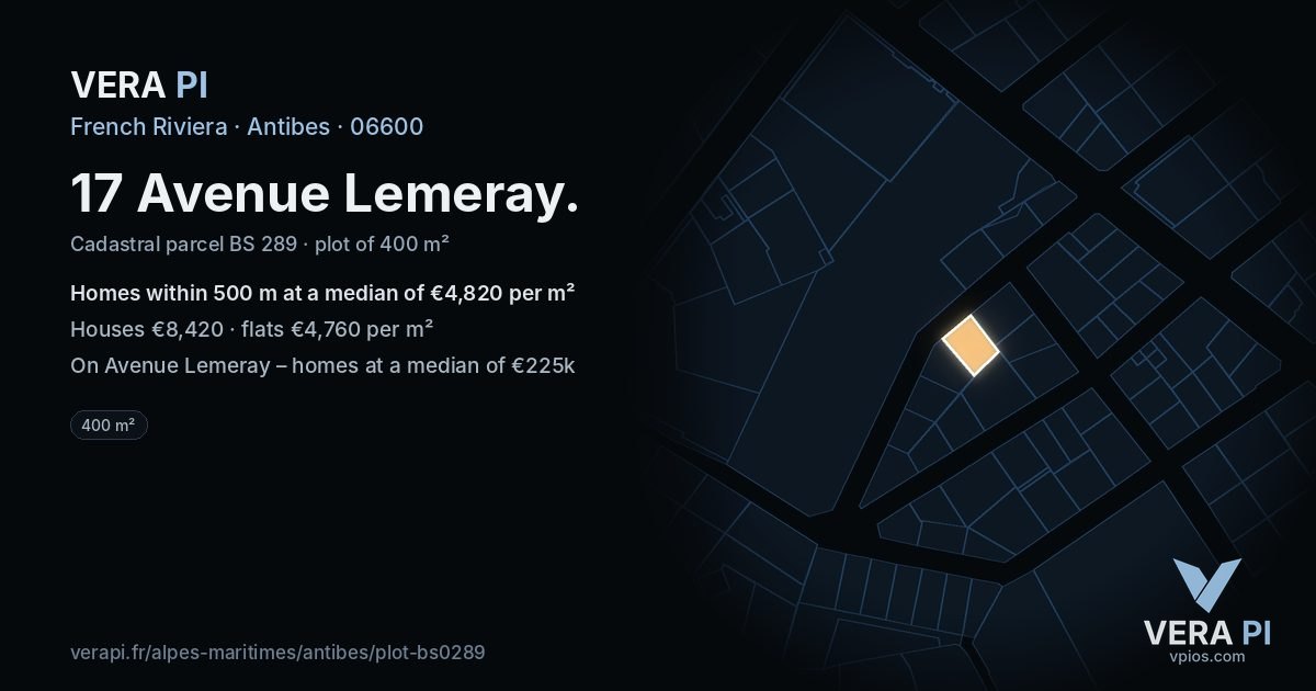 17 Avenue Lemeray, Antibes at night – the plot lit, the parcels around coloured by the prices near them