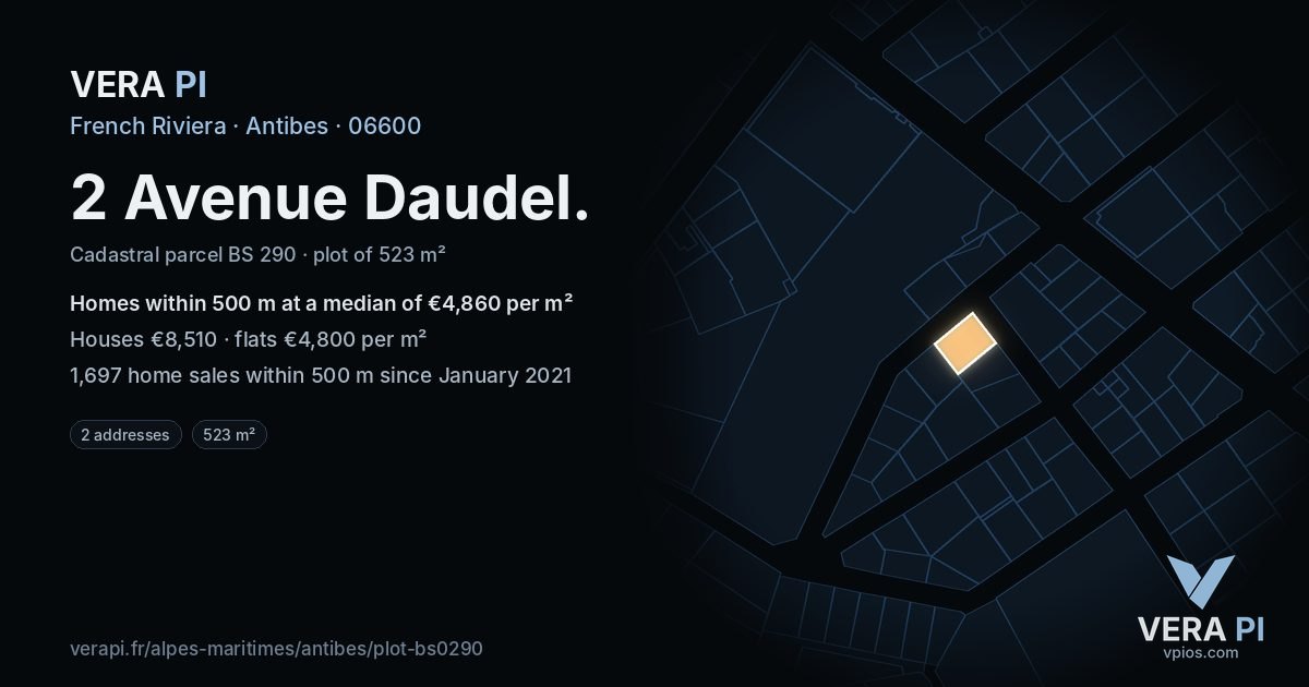 2 Avenue Daudel, Antibes at night – the plot lit, the parcels around coloured by the prices near them