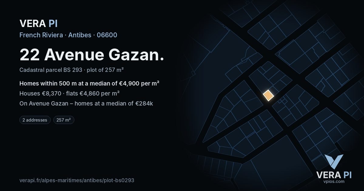 22 Avenue Gazan, Antibes at night – the plot lit, the parcels around coloured by the prices near them