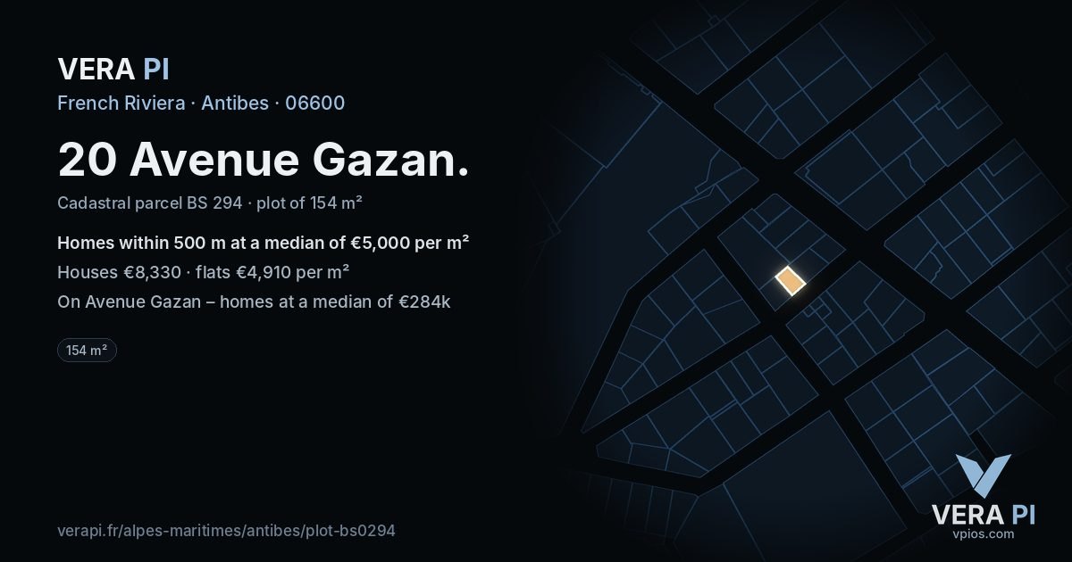 20 Avenue Gazan, Antibes at night – the plot lit, the parcels around coloured by the prices near them