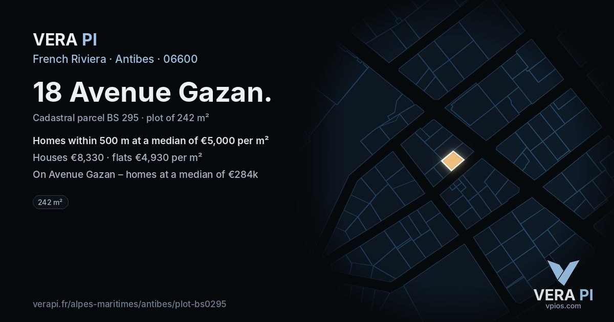 18 Avenue Gazan, Antibes at night – the plot lit, the parcels around coloured by the prices near them