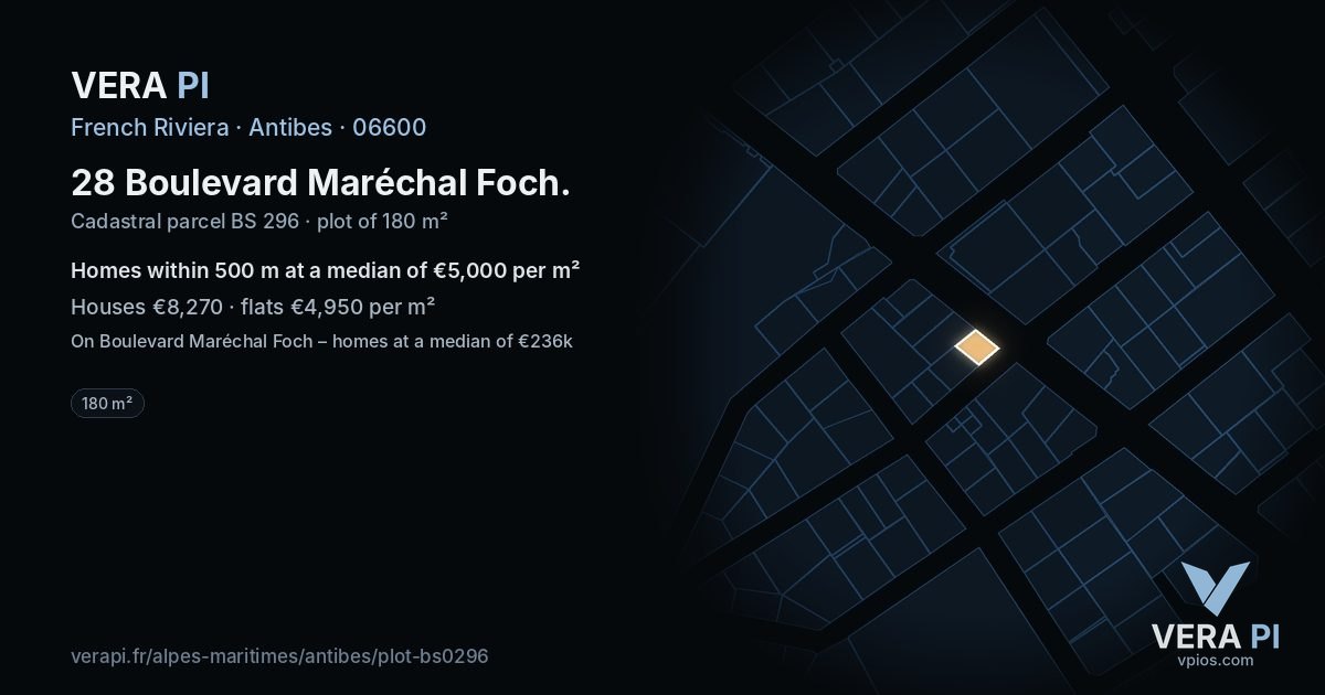 28 Boulevard Maréchal Foch, Antibes at night – the plot lit, the parcels around coloured by the prices near them