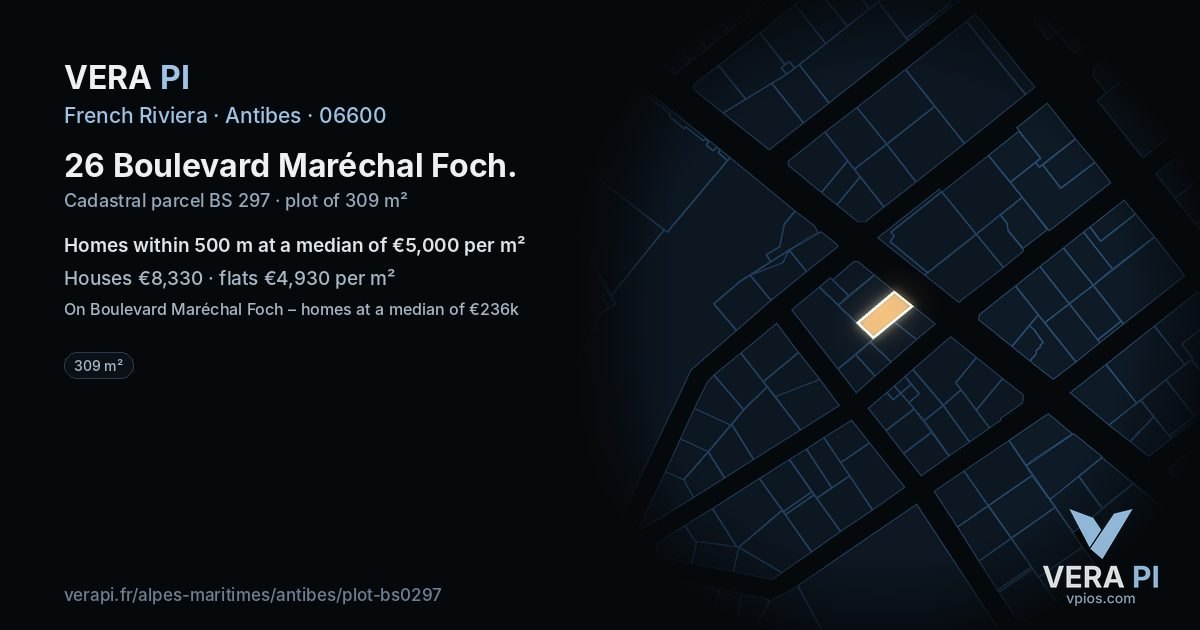 26 Boulevard Maréchal Foch, Antibes at night – the plot lit, the parcels around coloured by the prices near them