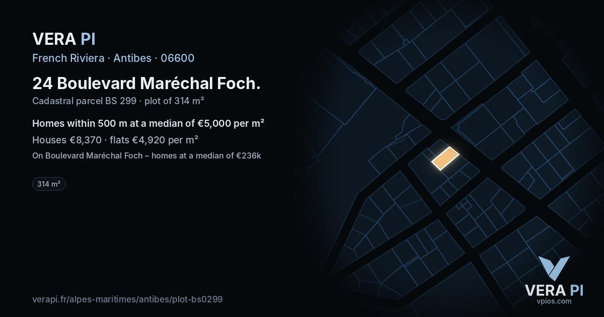 24 Boulevard Maréchal Foch, Antibes at night – the plot lit, the parcels around coloured by the prices near them